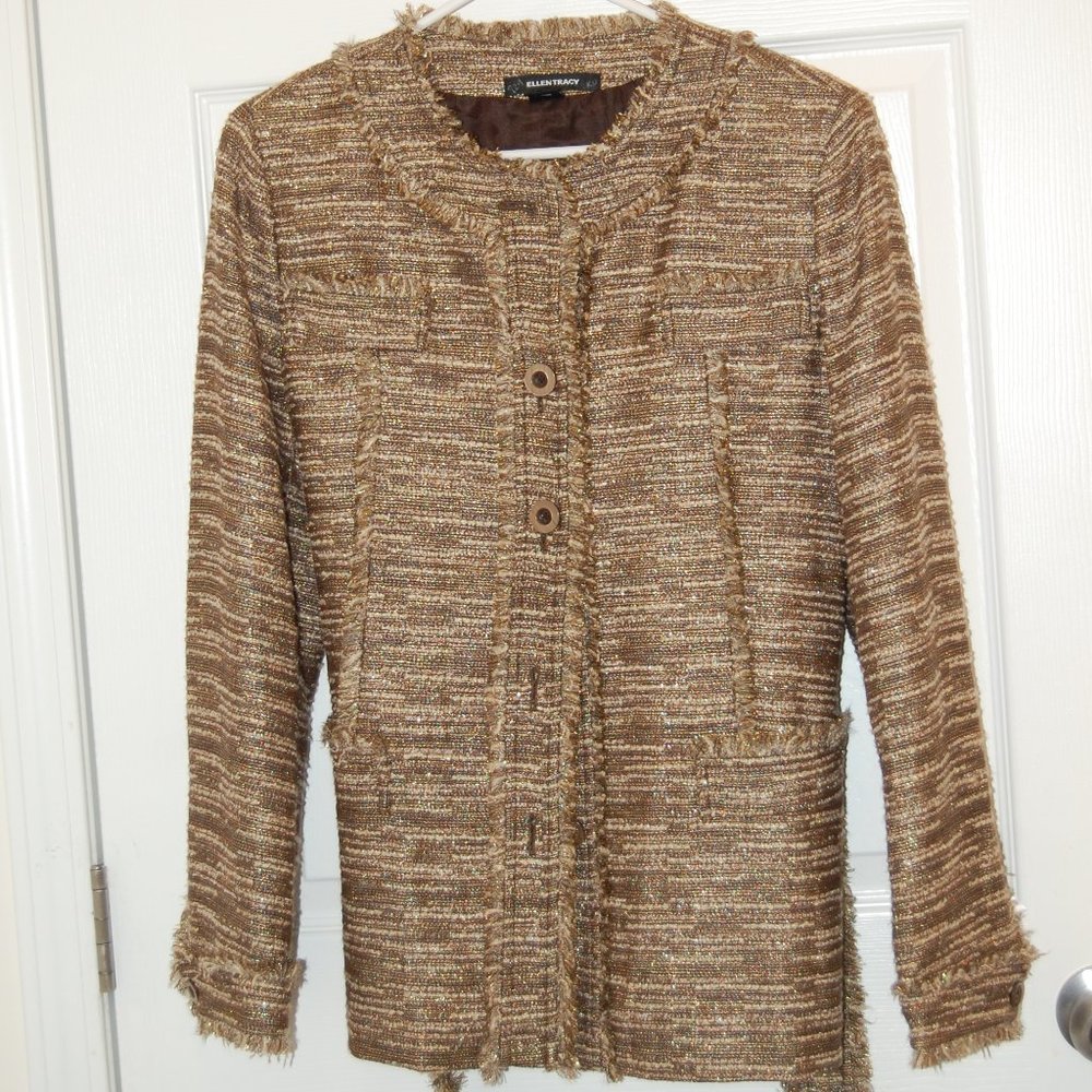Ellen Tracy Women's Brown/Gold/White Glittery Lined Jacket W/Tie Belt Size 10